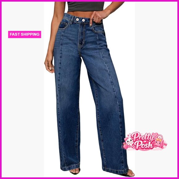 Wide Leg Jeans High Waisted Stretchy Baggy Front Seam Denim Pants